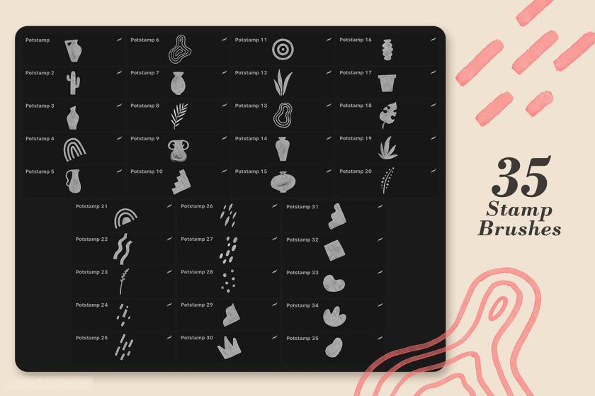 Procreate笔刷-花瓶树叶植物几何装饰性插画设计笔刷素材资源 笔刷资源 sucaiwan.com