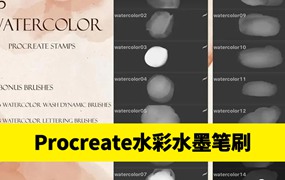 64款逼真水彩水墨效果Procreate笔刷设计素材