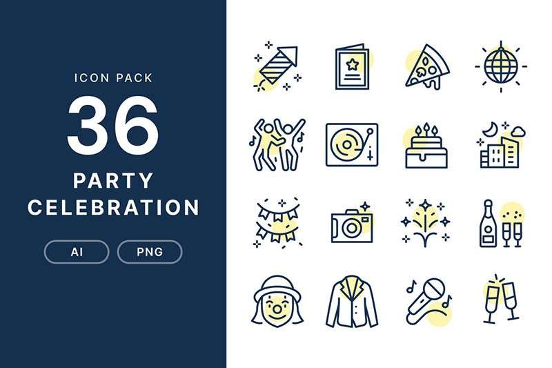 36枚庆祝派对矢量图标，AI PNG格式 图标素材 sucaiwan.com