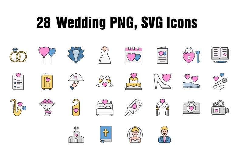 28枚婚礼矢量图标，SVG PNG格式 图标素材 sucaiwan.com