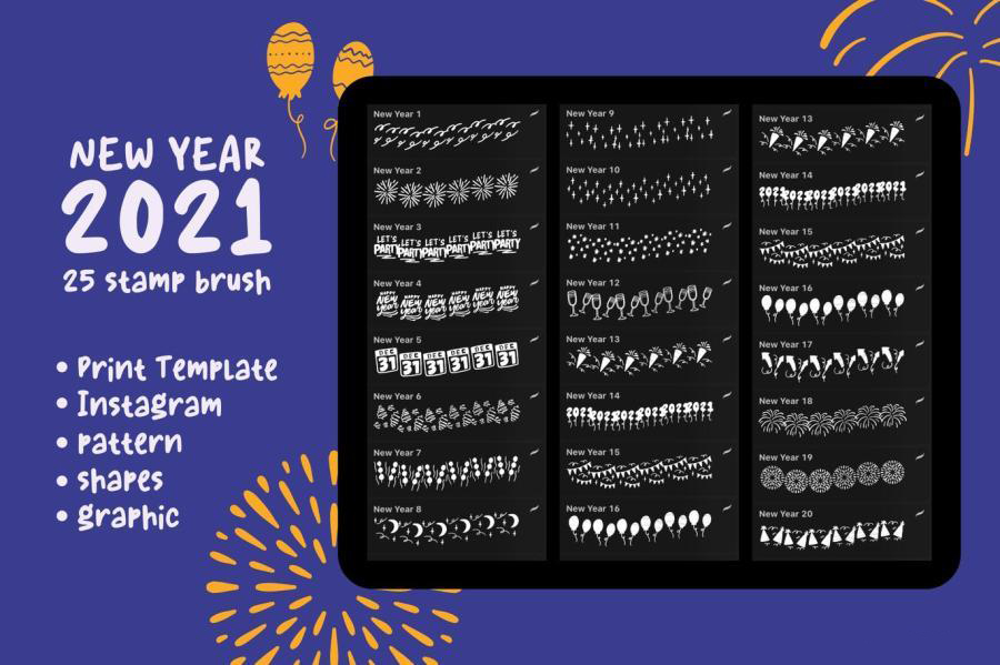 procreate笔刷-新年烟花酒杯庆祝主题组合印章图案笔刷素材 笔刷资源 第1张-素材湾丨精选海外优质设计素材资源 procreate笔刷-新年烟花酒杯庆祝主题组合印章图案笔刷素材 笔刷资源 sucaiwan.com