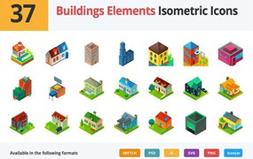 37枚房子建筑等距矢量图标，PSD AI Sketch