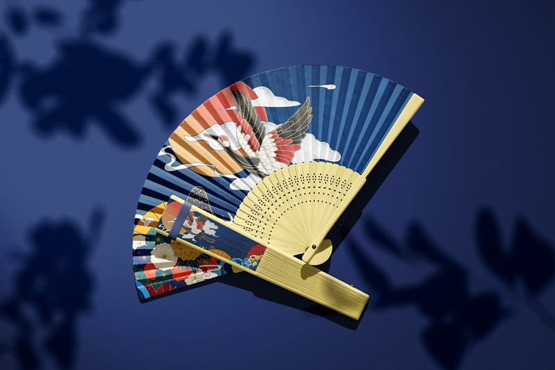 3D中式国潮风折扇子PSD智能贴图文创样机设计模板 图片素材 sucaiwan.com