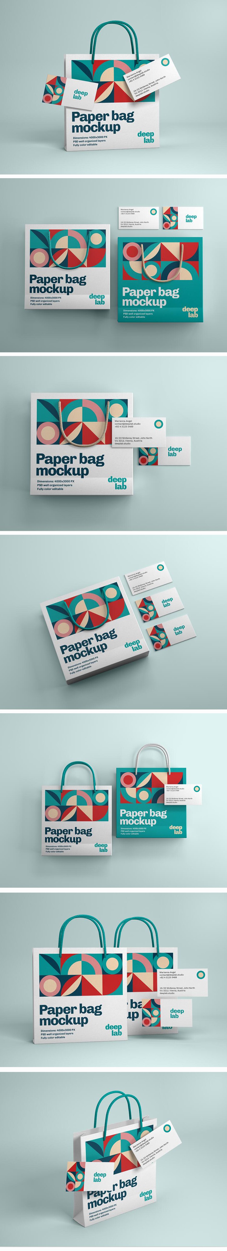 手提购物环保纸袋名片品牌文创VI样机展示PSD智能贴图素材模板 图片素材 sucaiwan.com