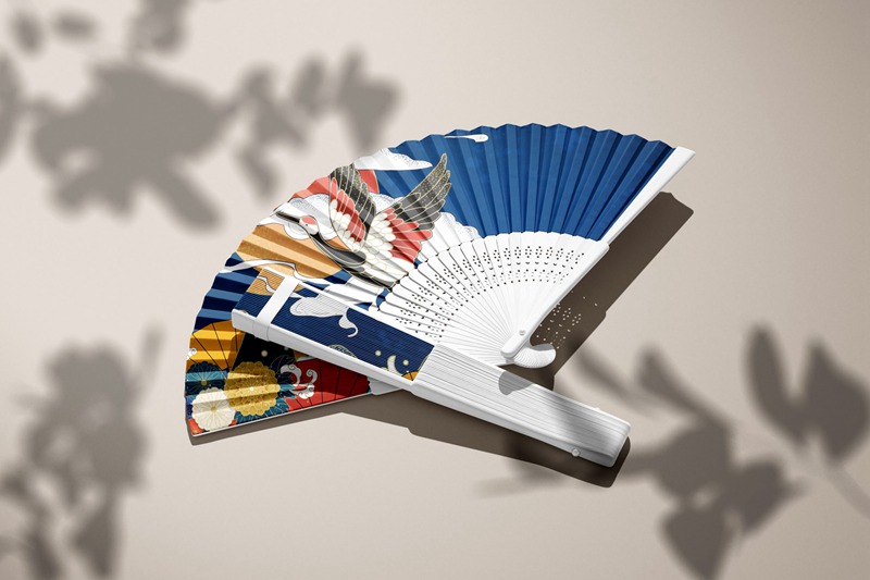 3D中式国潮风折扇子PSD智能贴图文创样机设计模板 图片素材 sucaiwan.com