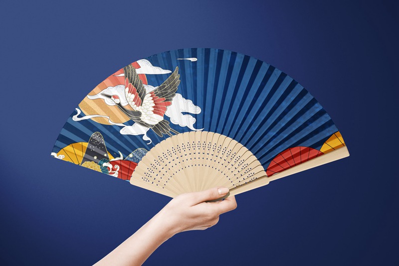 3D中式国潮风折扇子PSD智能贴图文创样机设计模板 图片素材 sucaiwan.com