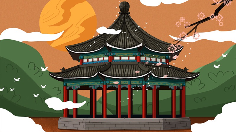 中国风中式古典国潮手绘风景古建筑鱼龙海报插画PSD模板 图片素材 sucaiwan.com