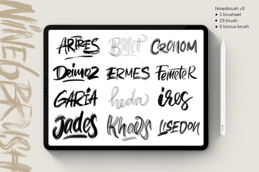Procreate笔刷-艺术字体画笔笔刷素材资源Nine6brush v2 笔刷资源 sucaiwan.com