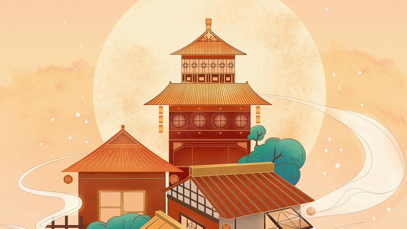 中国风中式古典国潮手绘风景古建筑鱼龙海报插画PSD模板 图片素材 sucaiwan.com