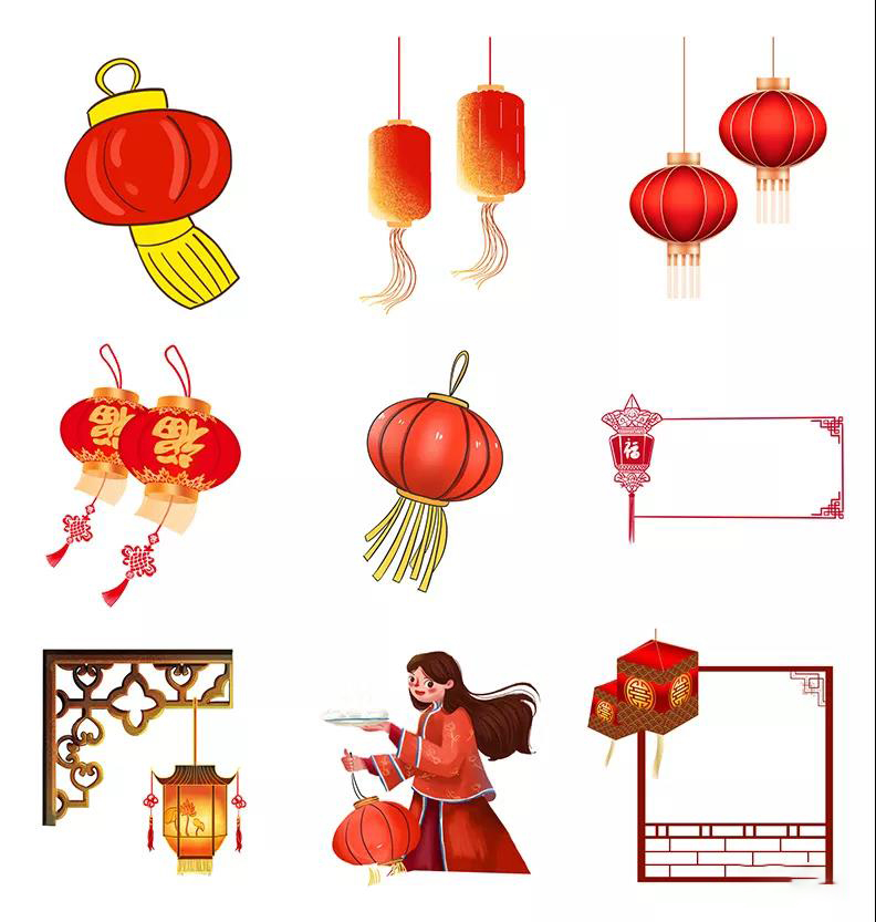 春节PS中国风手绘卡通元素传统复古红灯笼装饰PNG免扣素材 图片素材 sucaiwan.com
