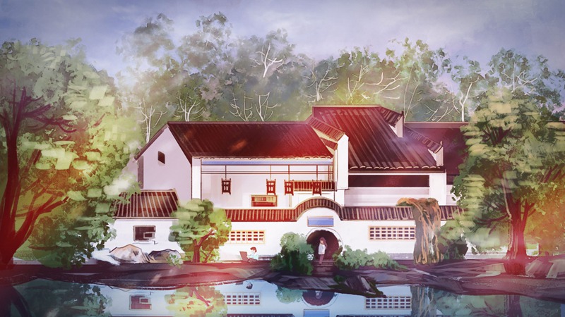 中国风中式古典国潮手绘风景古建筑鱼龙海报插画PSD模板 图片素材 sucaiwan.com