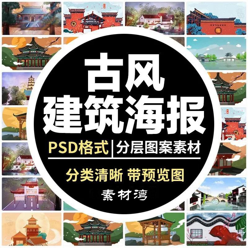 中国风中式古典国潮手绘风景古建筑鱼龙海报插画PSD模板 图片素材 sucaiwan.com