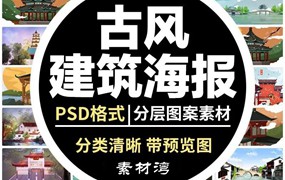 中国风中式古典国潮手绘风景古建筑鱼龙海报插画PSD模板
