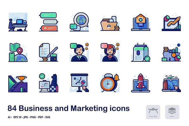 84枚商务营销矢量图标，AI源文件 图标素材 sucaiwan.com