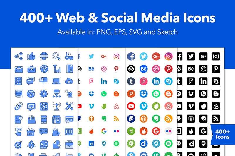 400+社交图标和网页图标， Sketch AI格式 图标素材 sucaiwan.com