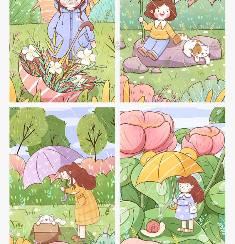 71款卡通可爱手绘二十四24节气雨水春天下雨插画设计背景psd素材模板 图片素材 sucaiwan.com