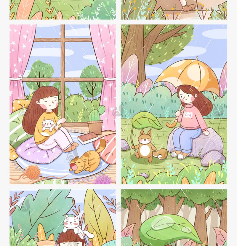 71款卡通可爱手绘二十四24节气雨水春天下雨插画设计背景psd素材模板 图片素材 sucaiwan.com