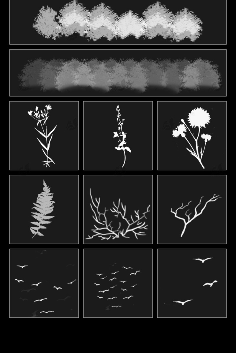 34款森林剪影植物树叶灌木花朵草外景水墨插画手绘基础ps笔刷绘画素材 笔刷资源 sucaiwan.com