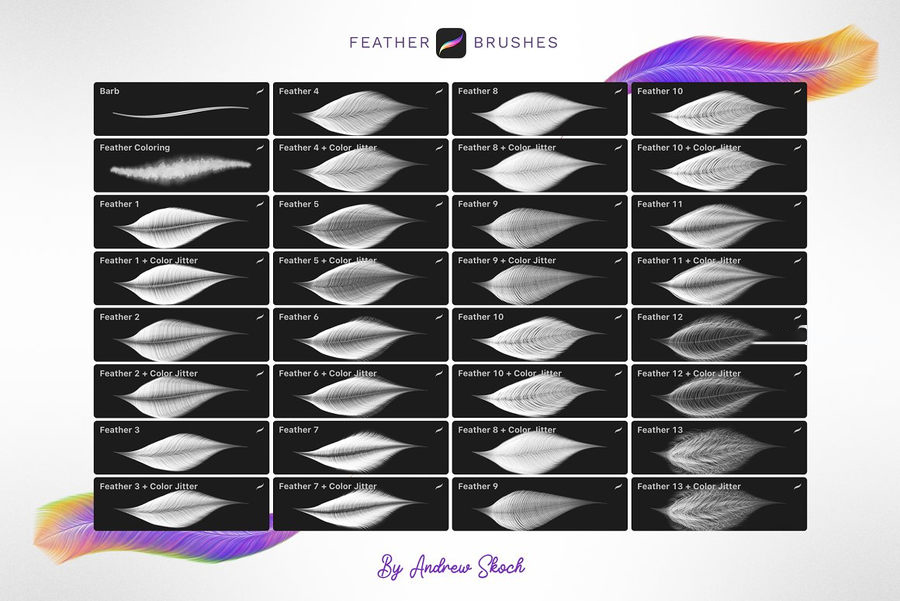 procreate笔刷-梦幻羽毛形状图案笔刷素材 笔刷资源 sucaiwan.com