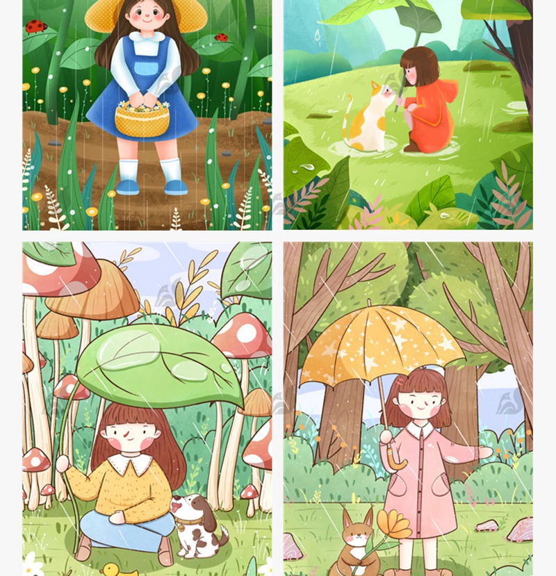 71款卡通可爱手绘二十四24节气雨水春天下雨插画设计背景psd素材模板 图片素材 sucaiwan.com