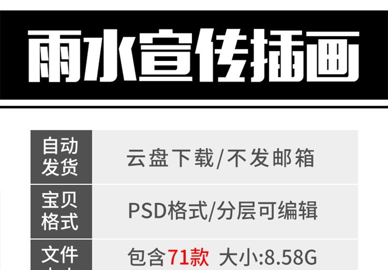 71款卡通可爱手绘二十四24节气雨水春天下雨插画设计背景psd素材模板 图片素材 sucaiwan.com