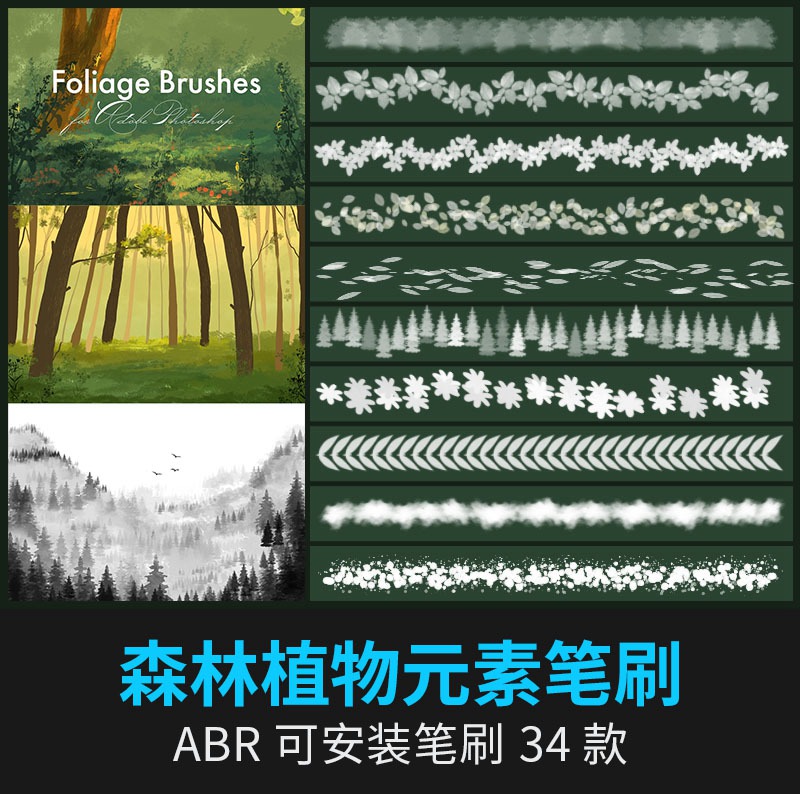 34款森林剪影植物树叶灌木花朵草外景水墨插画手绘基础ps笔刷绘画素材 笔刷资源 sucaiwan.com
