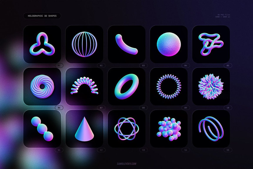 PNG素材-全息颜色3D立体形状设计PNG元素素材合集 图片素材 sucaiwan.com