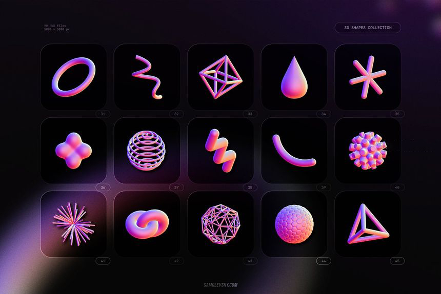 PNG素材-红紫色3D立体几何形状平面设计PNG素材合集 图片素材 sucaiwan.com