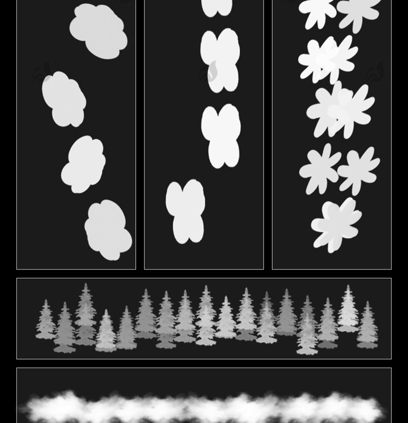 34款森林剪影植物树叶灌木花朵草外景水墨插画手绘基础ps笔刷绘画素材 笔刷资源 sucaiwan.com