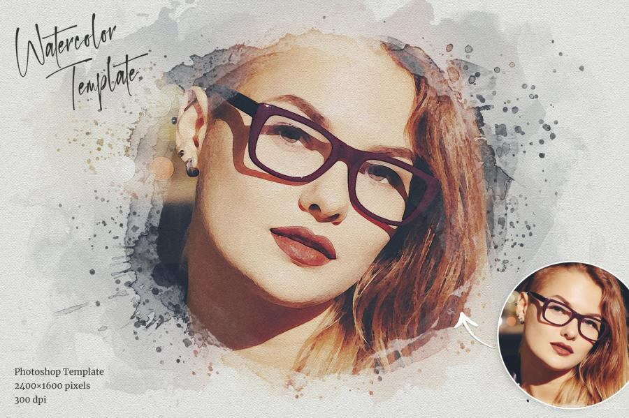 PSD模板-一键将照片处理成水彩绘画晕染飞溅效果PS样机模板 图片素材 sucaiwan.com