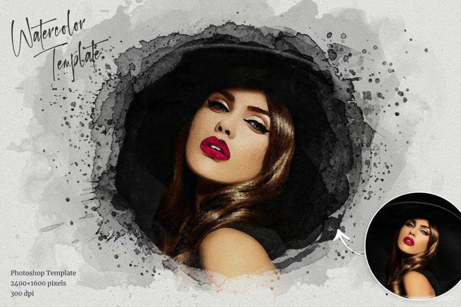 PSD模板-一键将照片处理成水彩绘画晕染飞溅效果PS样机模板 图片素材 sucaiwan.com