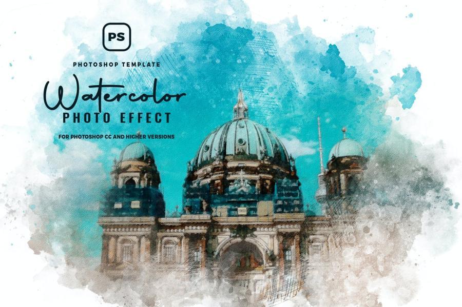 PSD模板-将照片处理成水彩手绘效果PSD样机模板 图片素材 sucaiwan.com