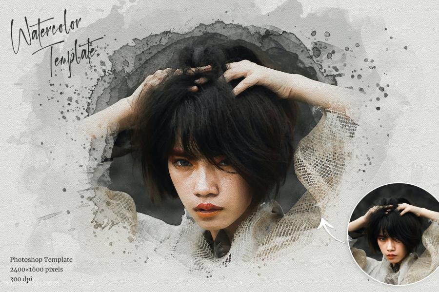 PSD模板-一键将照片处理成水彩绘画晕染飞溅效果PS样机模板 图片素材 sucaiwan.com