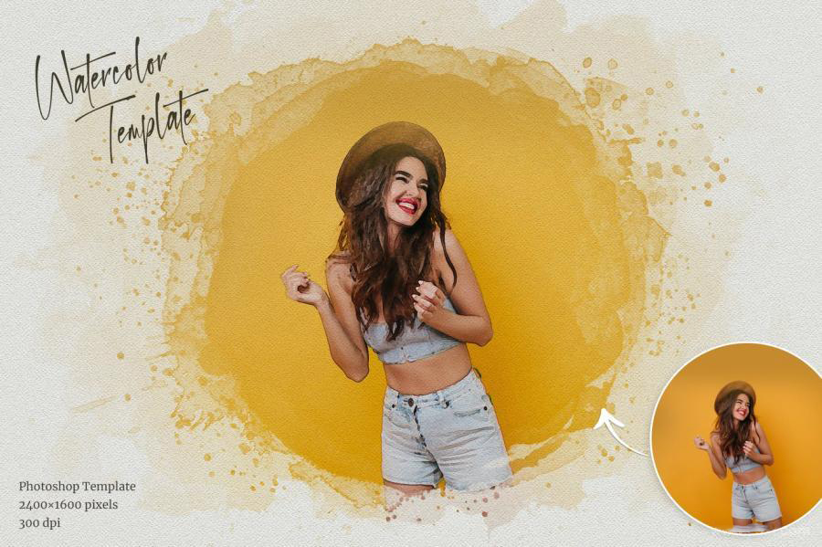 PSD模板-一键将照片处理成水彩绘画晕染飞溅效果PS样机模板 图片素材 sucaiwan.com