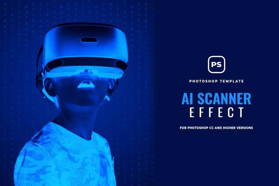 PSD模板-将照片处理成科技AI扫描仪效果PSD滤镜样机模板 图片素材 sucaiwan.com