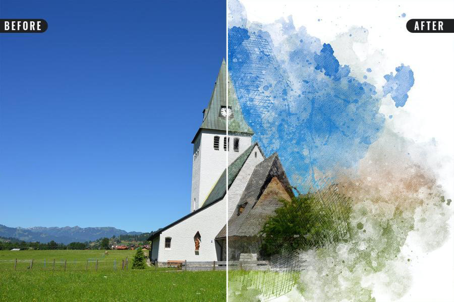 PSD模板-将照片处理成水彩手绘效果PSD样机模板 图片素材 sucaiwan.com