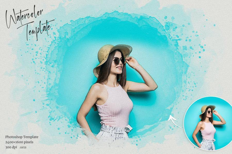 PSD模板-一键将照片处理成水彩绘画晕染飞溅效果PS样机模板 图片素材 sucaiwan.com