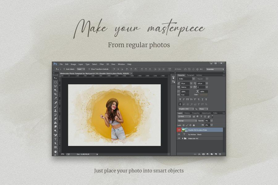PSD模板-一键将照片处理成水彩绘画晕染飞溅效果PS样机模板 图片素材 sucaiwan.com