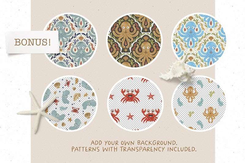 海洋主题无缝背景图案，JPG、PNG、TIF格式 图片素材 sucaiwan.com