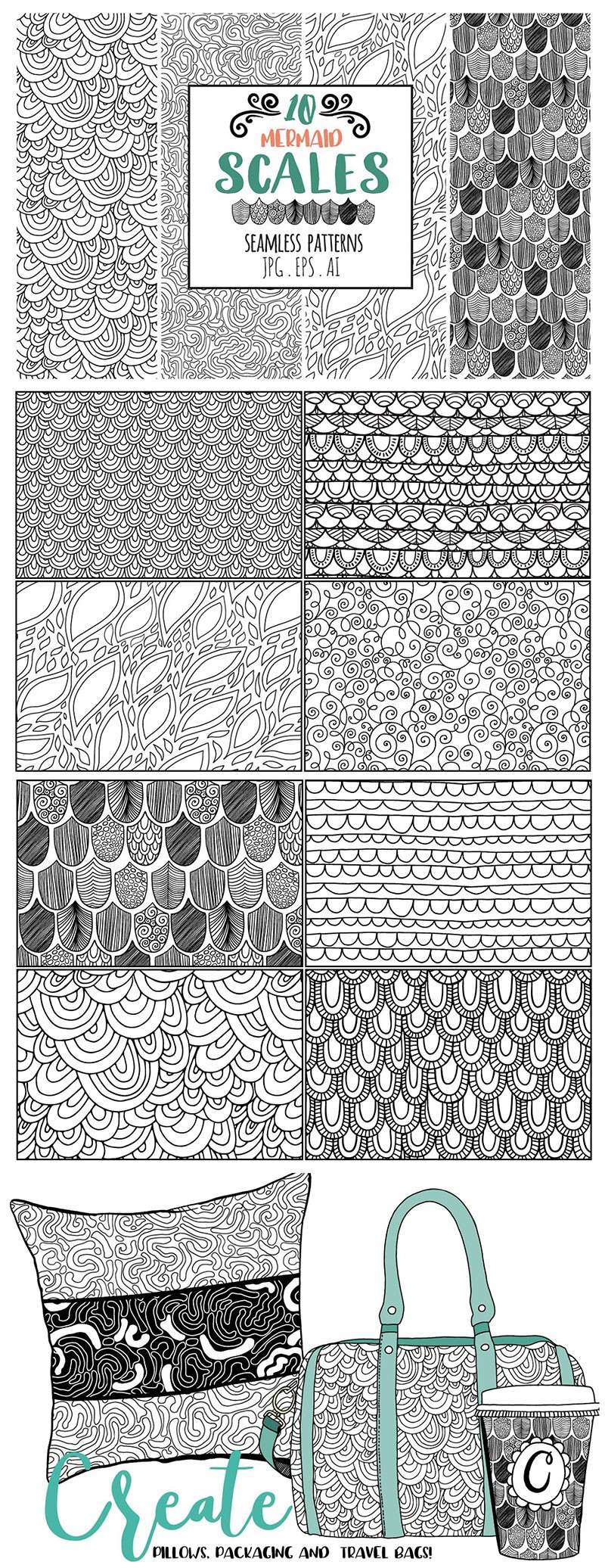 黑白手绘鳞片无缝图案背景，PAT PNG AI格式 图片素材 sucaiwan.com