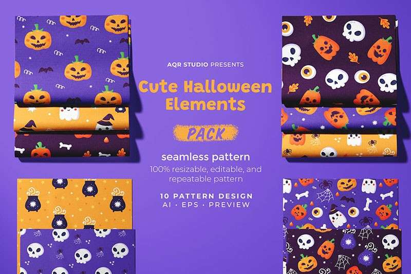 10张万圣节主题无缝矢量图案，AI PNG格式 图片素材 sucaiwan.com