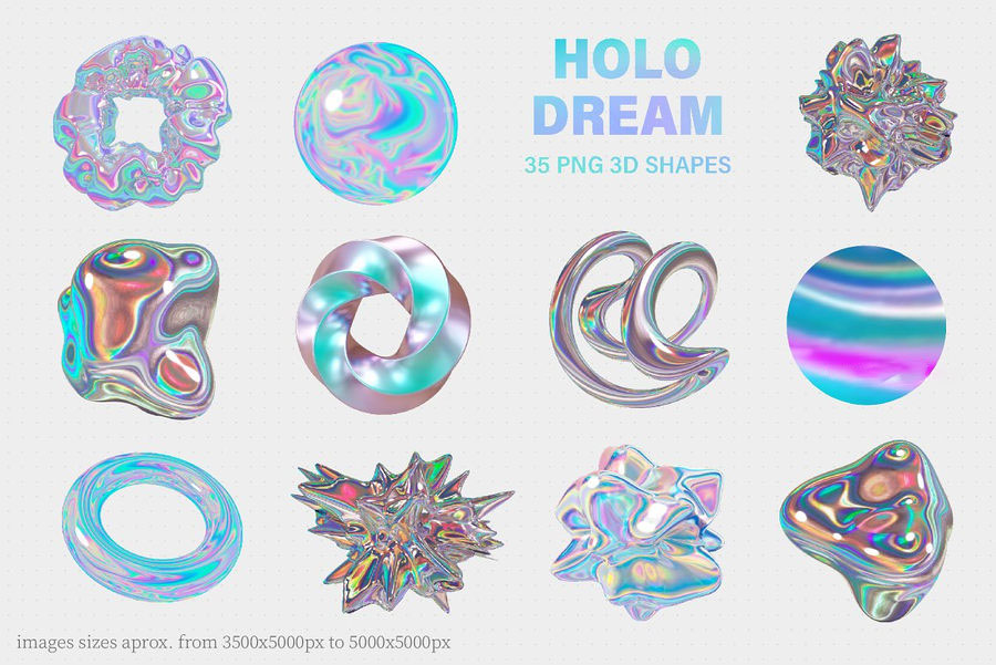 PNG素材-HOLO全息彩虹色3D几何有机形状图形元素 图片素材 sucaiwan.com