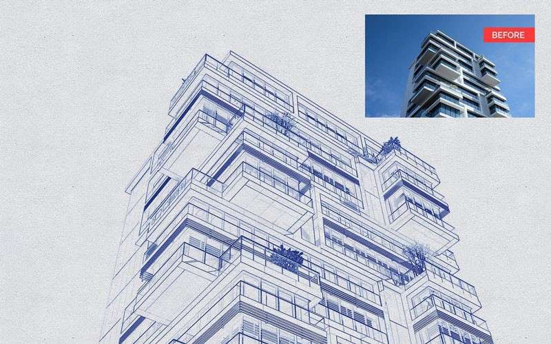 建筑手绘线稿效果PS动作 插件预设 sucaiwan.com