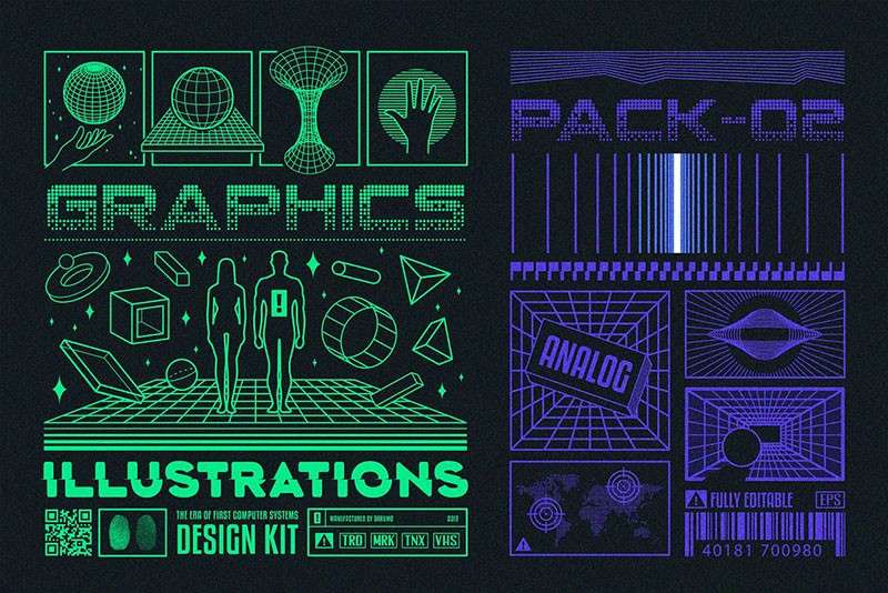 蒸汽波复古像素风无缝图案设计套装 图片素材 sucaiwan.com