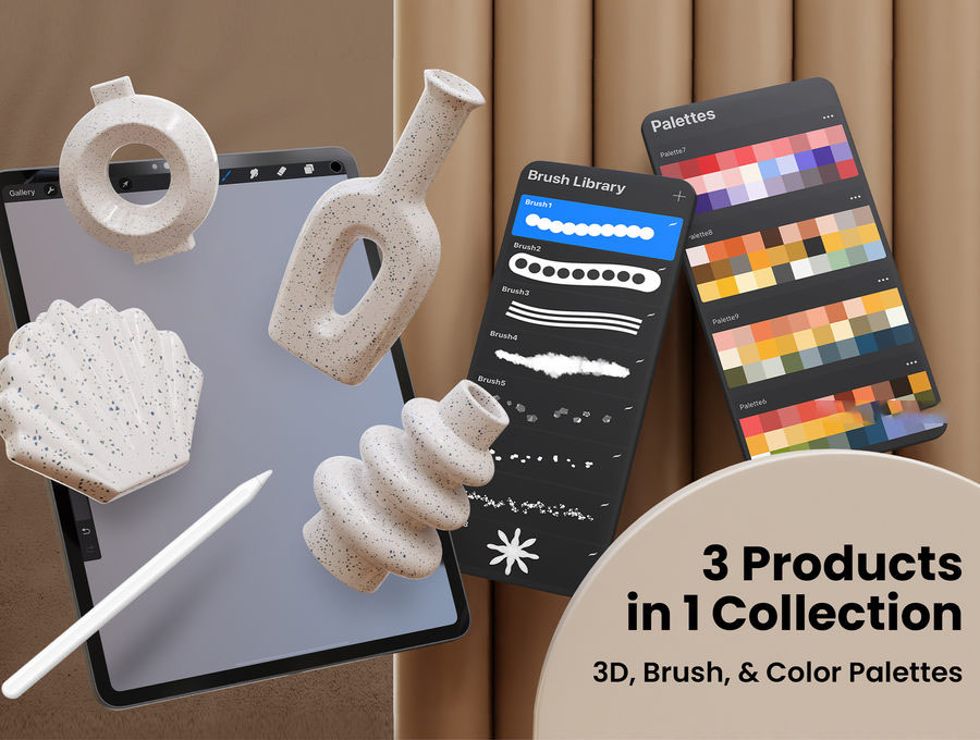 Procreate笔刷-3D创作陶瓷花瓶模型笔刷色卡素材 笔刷资源 sucaiwan.com