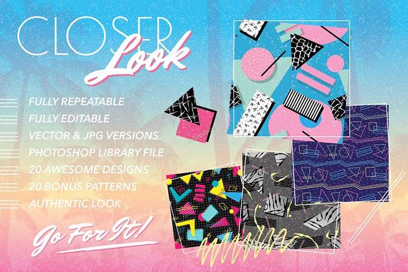 80年代复古风无缝矢量图案，AI PAT格式 图片素材 sucaiwan.com