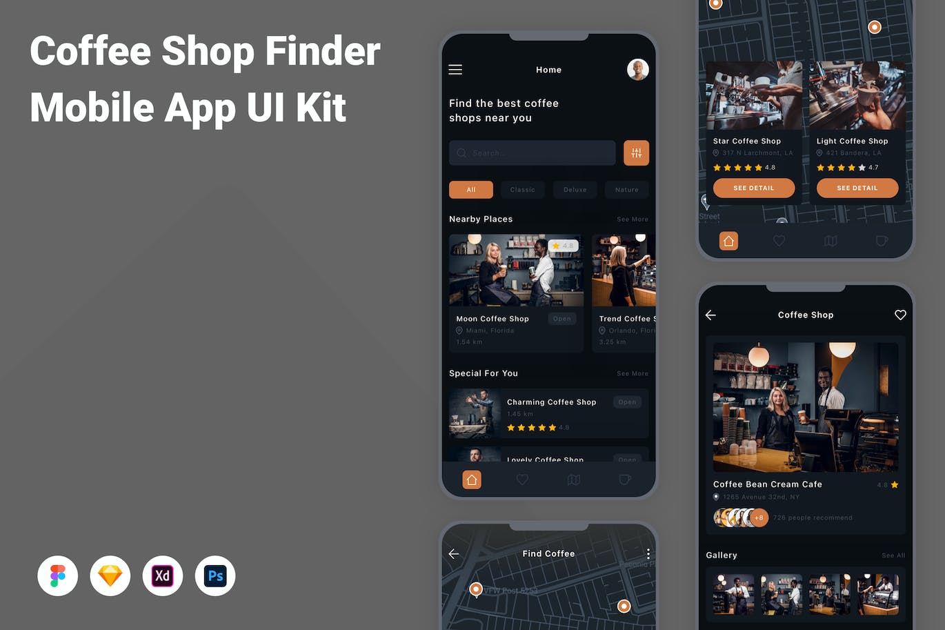 咖啡店查找移动应用程序App设计UI模板 Coffee Shop Finder Mobile App UI Kit APP UI sucaiwan.com