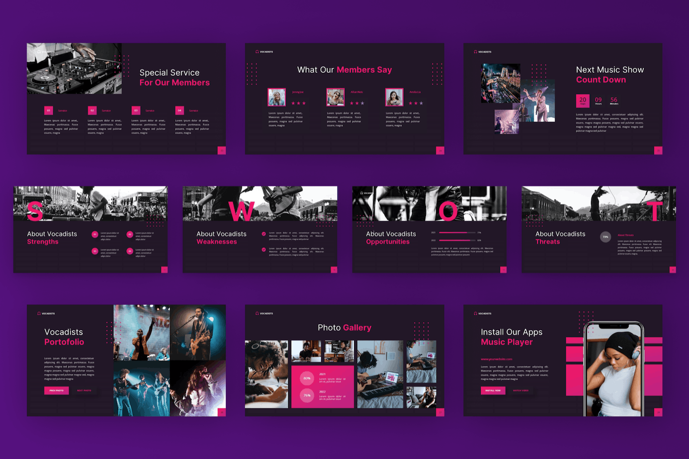 音乐团队和工作室PPT幻灯片模板 Vocadists – Music Organizer & Studio Powerpoint 幻灯图表 sucaiwan.com