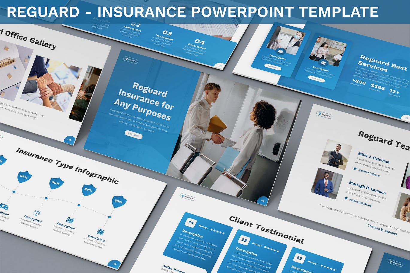 安全保险幻灯片演示PPT模板 Reguard – Insurance Powerpoint Template 幻灯图表 sucaiwan.com