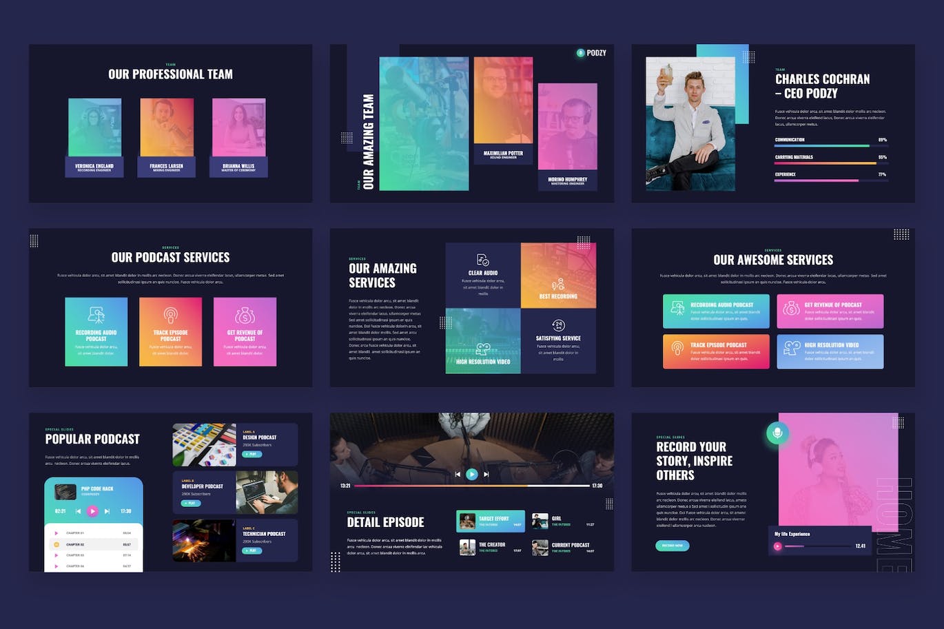音频播客PPT模板 PODZY – Audio Podcast Powerpoint Template 幻灯图表 sucaiwan.com
